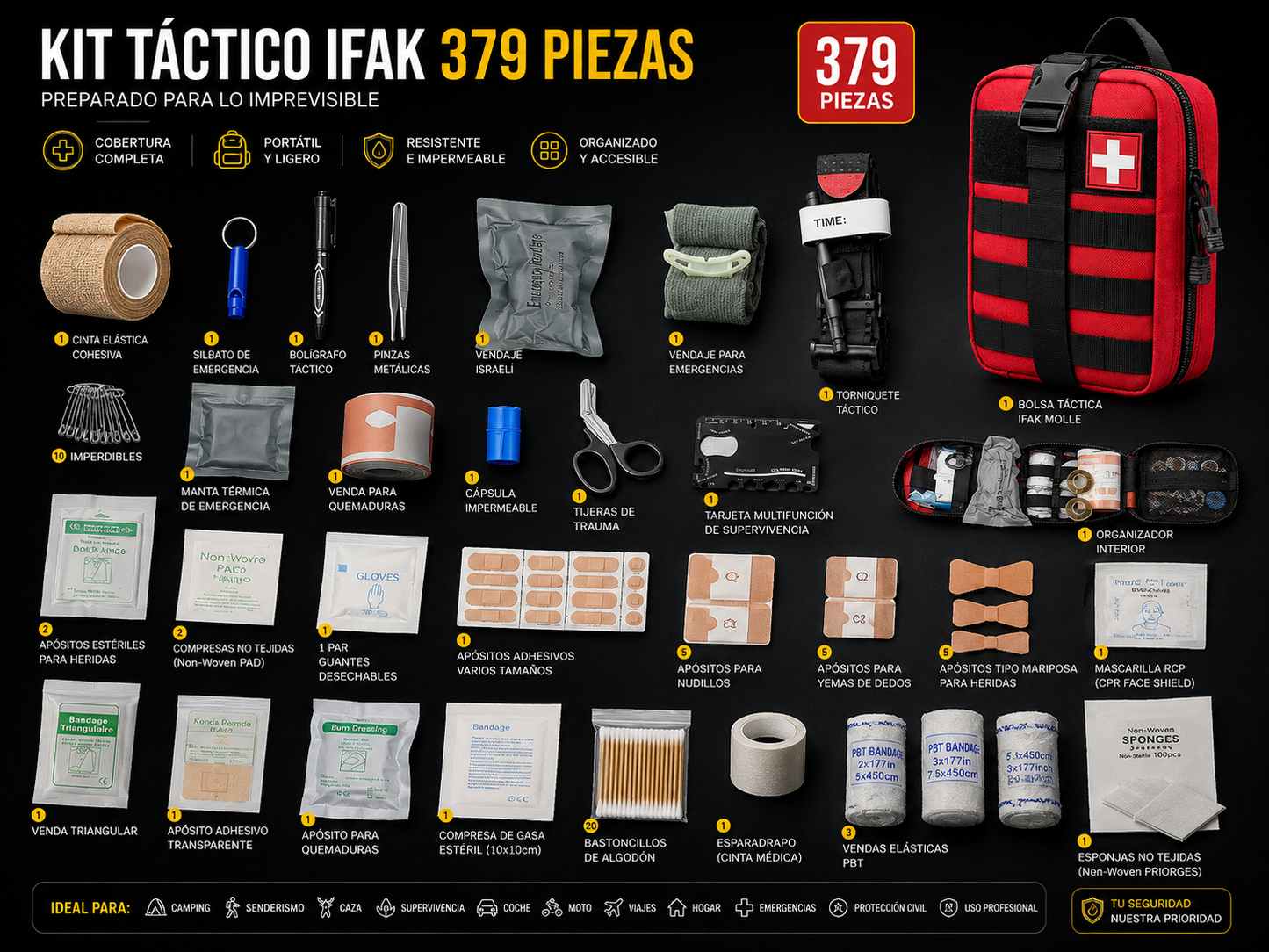 Botiquín IFAK de Primeros Auxilios 379 Piezas | Kit de Emergencia Táctico Impermeable para Equipamiento profesional, Coche, Camping, Senderismo y Supervivencia