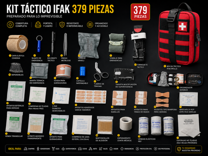 Botiquín IFAK de Primeros Auxilios 379 Piezas | Kit de Emergencia Táctico Impermeable para Equipamiento profesional, Coche, Camping, Senderismo y Supervivencia