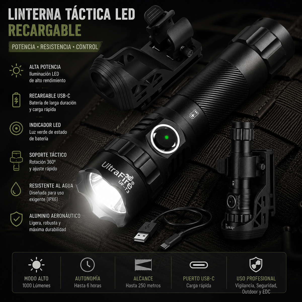 Linterna Táctica UltraFire UF3 Profesional