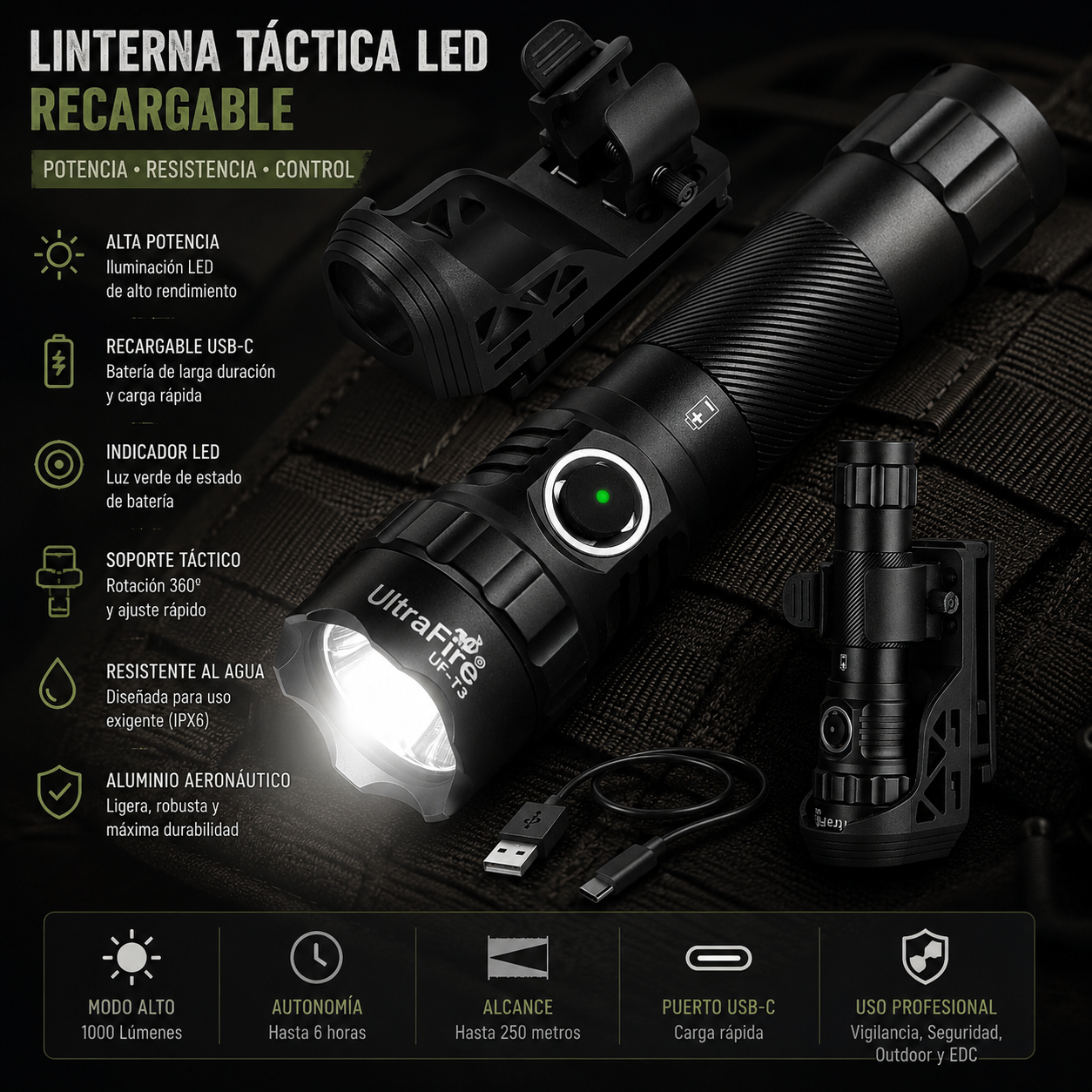 Linterna Táctica UltraFire UF3 Profesional