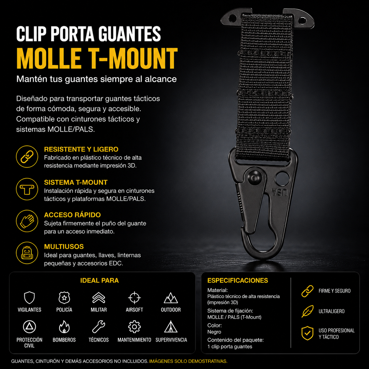 Mosquetón MOLLE para Cinturón Táctico | Soporte T-Mount EDC de Liberación Rápida para Guantes, Llaves y Accesorios
